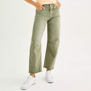 SO High-Rise Barrel Jeans Junior Size 7/28W Stretch Drew Green Raw Hem NEW